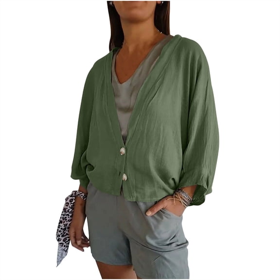 ibuvkizy Womens Lightweight Summer Cardigan Womens 3/4 Sleeve Cardigan Womens Summer Fall Tie Dyed Print Cardigan Long Sleeve Loose Cover Up Casual Blouse Tops Army Green S
