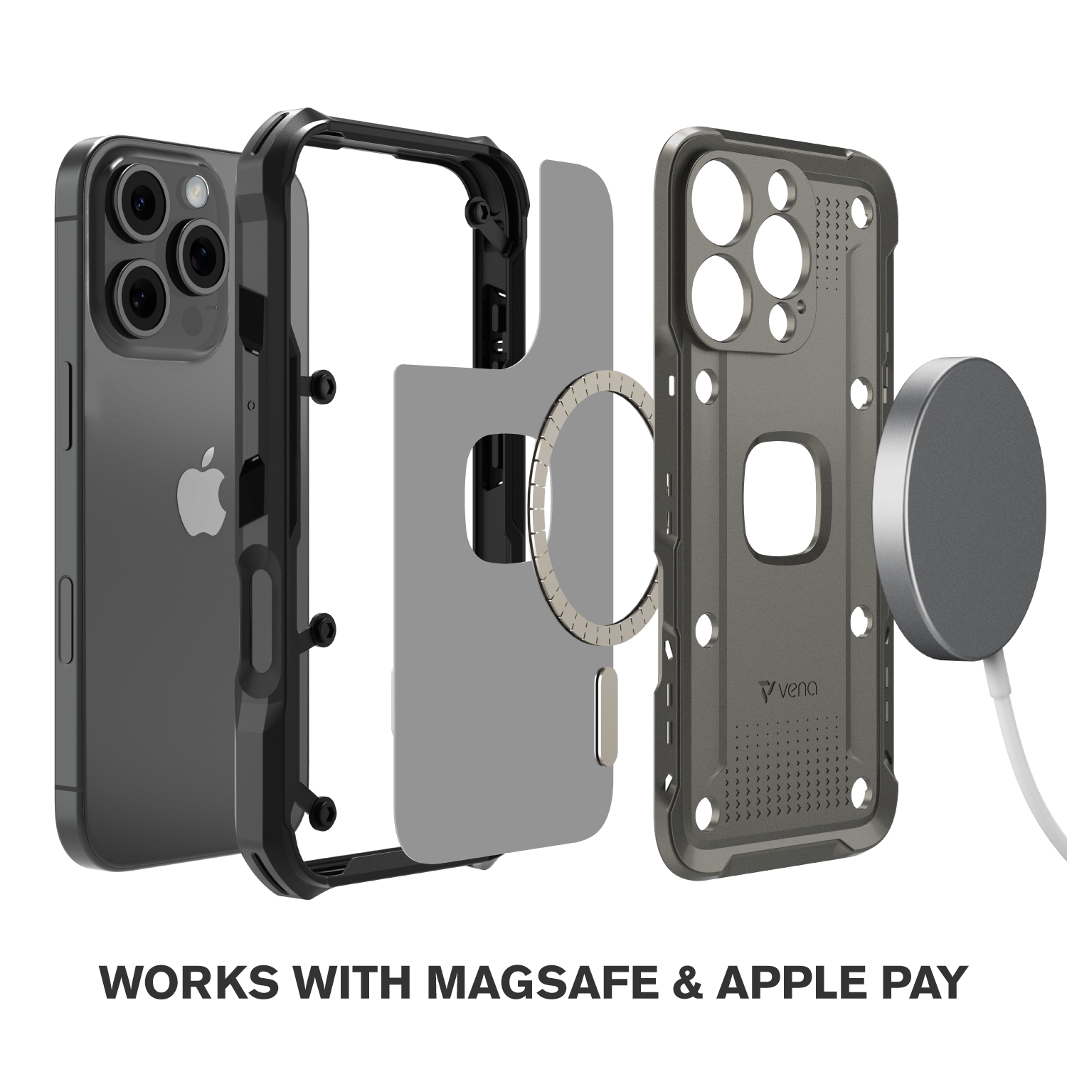 VENA vArmor Rugged Case for Apple iPhone 16 Pro (6.3"), (Military Grade Drop Protection) Magsafe Compatible and Heavy Duty Holster Belt Clip Cover with KickStand - Graphite Gray / Black
