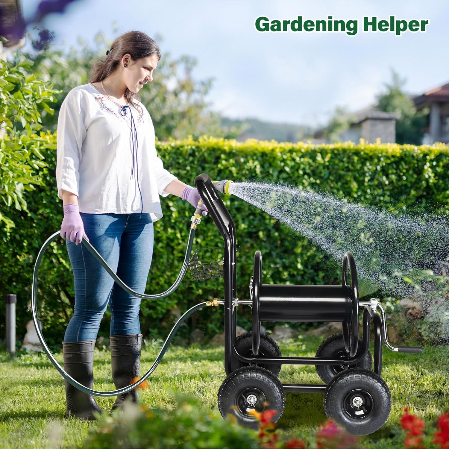 Neatifyes 4-Wheel Garden Hose Reel Cart with Storage Basket, Portable Residential Hose Reel Cart, Lawn Watering, for Garden Backyard and Farm