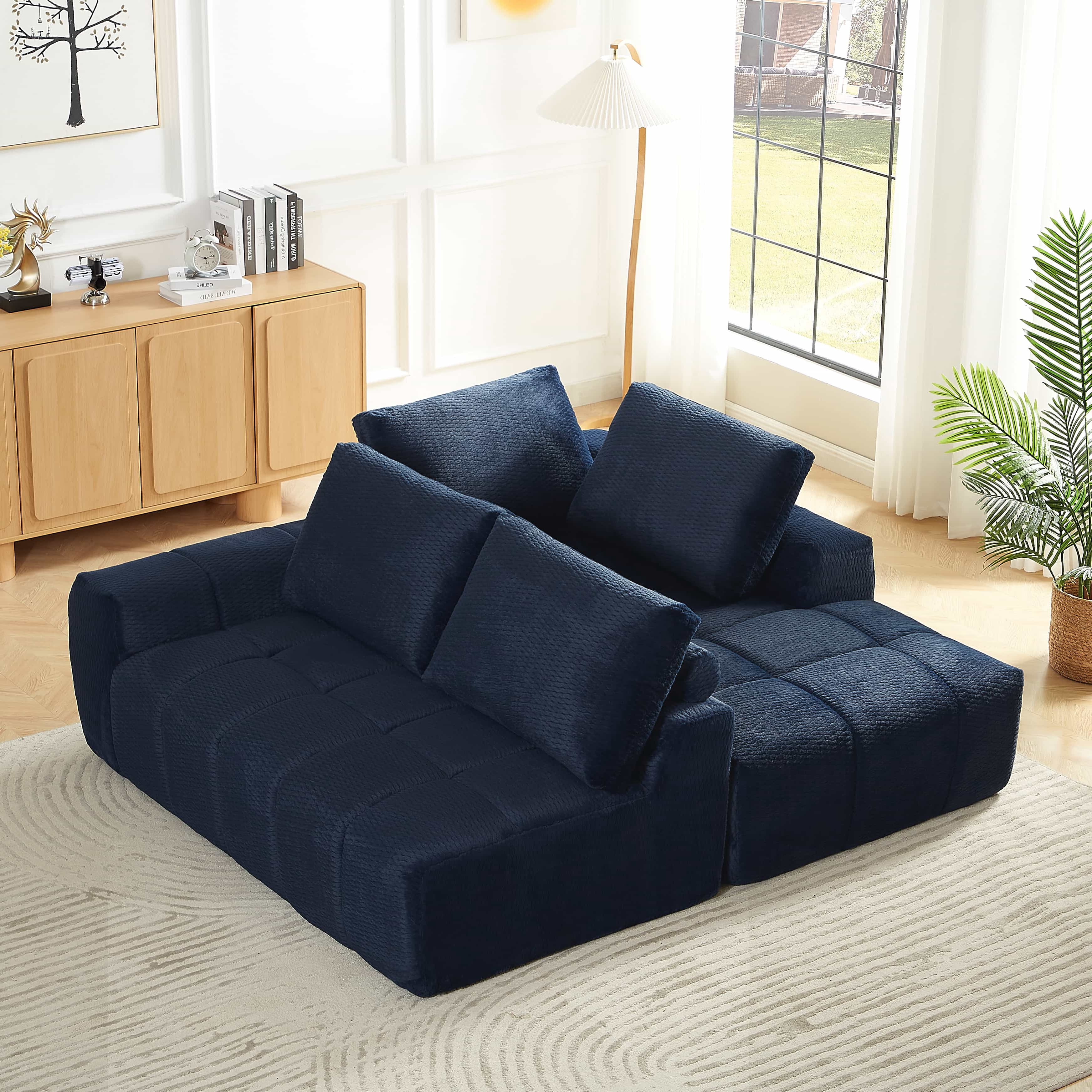 MAYEERTY Faux Fur L-Shape Oversized Sectional Sofa, Minimalist & Comfy Sleeper Couch for Living Room, 111×76" Blue