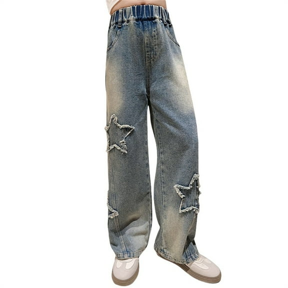 Ruyang Boys Girls Wide Leg Jeans All Seasons Middle Elastic Waist Baggy Denim Pants Fashion Wash Star Ripped Jeans