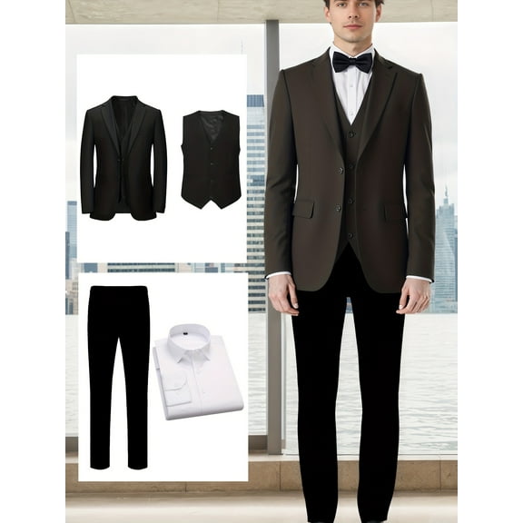 Beauty-Emily Men’s 4-Piece Formal Suit Set, Two-Button Blazer, Vest, Shirt & Pants, Regular Fit, Business, Wedding & Party Attire