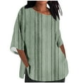 thumbnail image 1 of Scyoekwg Chemises à Manches 3/4 pour Femmes Tendance Grande Taille Col Rond T-Shirt Manches Trois-Quarts Léger Rayé Imprimé Graphique Tee Confortable Décontracté Été Blouses Amples (Vert, L), 1 of 4