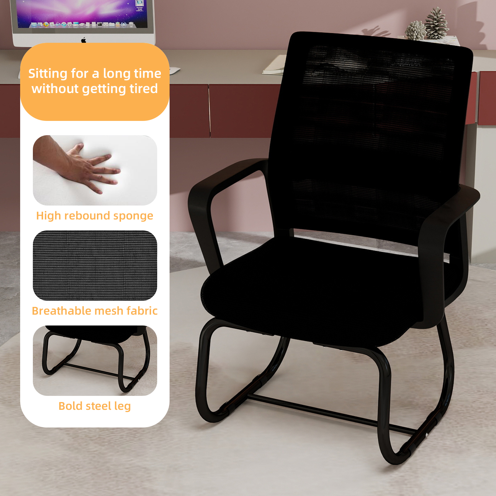 Modern Office Chair with Breathable Mesh Backrest and Metal Frame, Comfortable Desk Chair and Home Office Seating with Bow-Shaped Base, Black