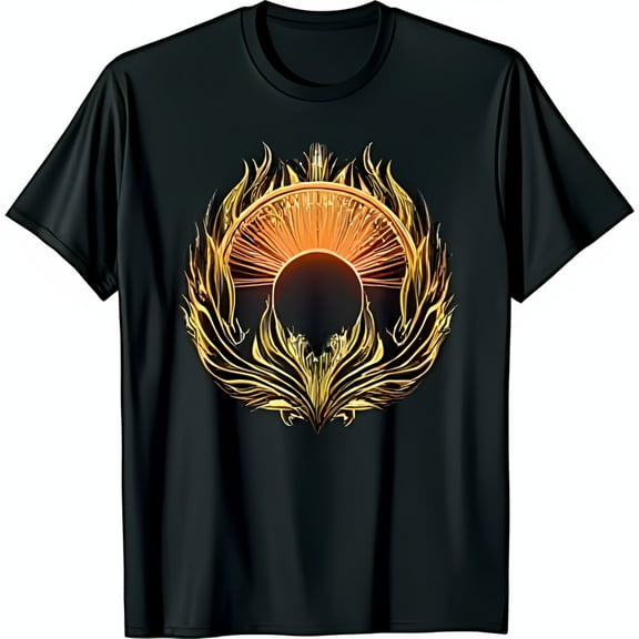Black T-Shirt with Golden Phoenix Rising from Flames Stunning Sun Design