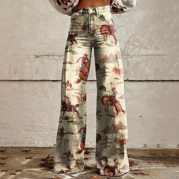 WILLBEST Jeans Mujer Pantalones Vaqueros de Pierna Ancha para Mujer, de Cintura Alta, Estilo Años 90, Con Estampado Floral, Informales, Cómodos y Elásticos, a La Moda. 1219 XXXXL