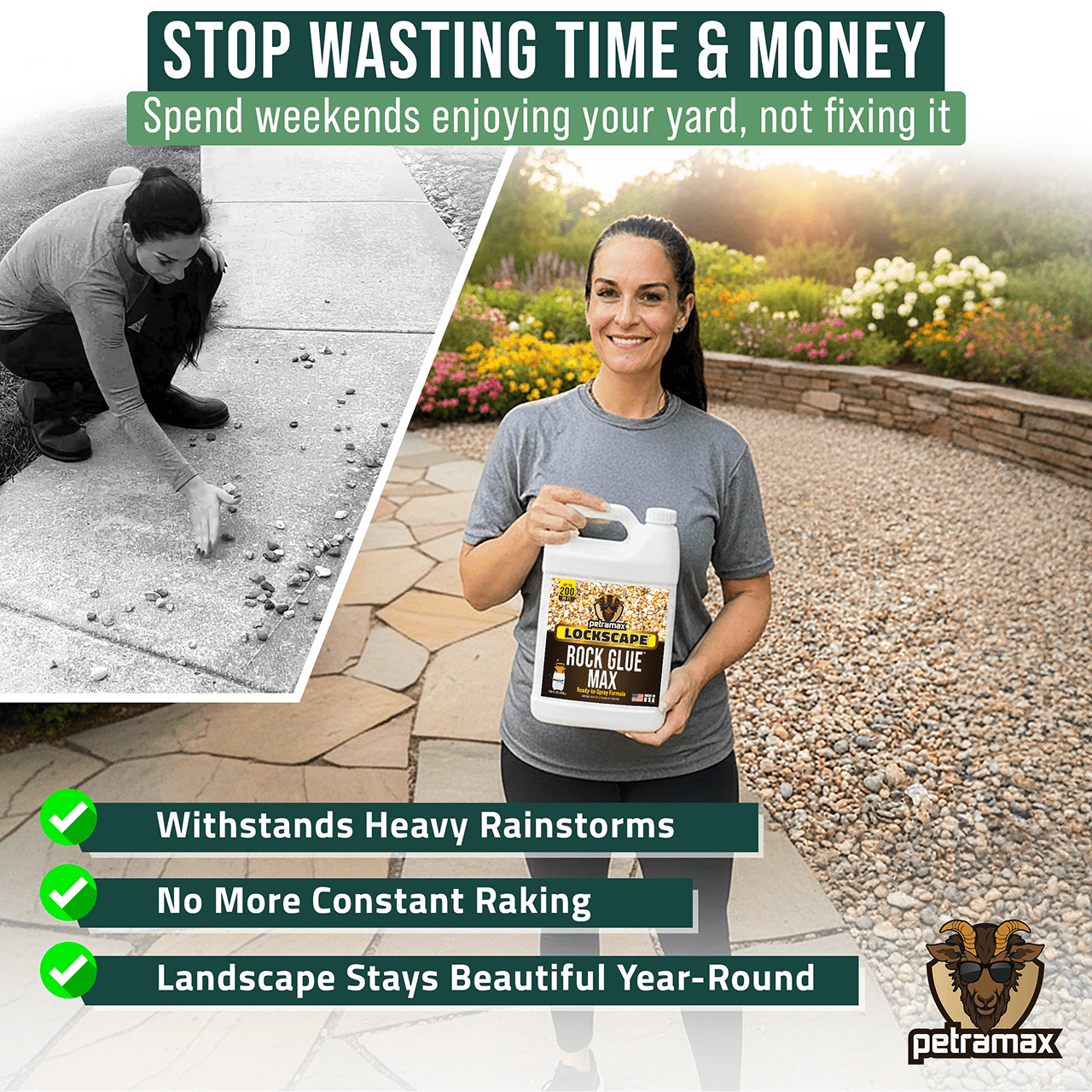 PetraMax Lockscape Rock Glue for Landscaping, 1 Gallon - 100% Permeable & Pet-Safe Landscape Adhesive for Stones & Pebbles - Ready to Spray Pea Gravel Binder & Mulch Glue for Landscaping
