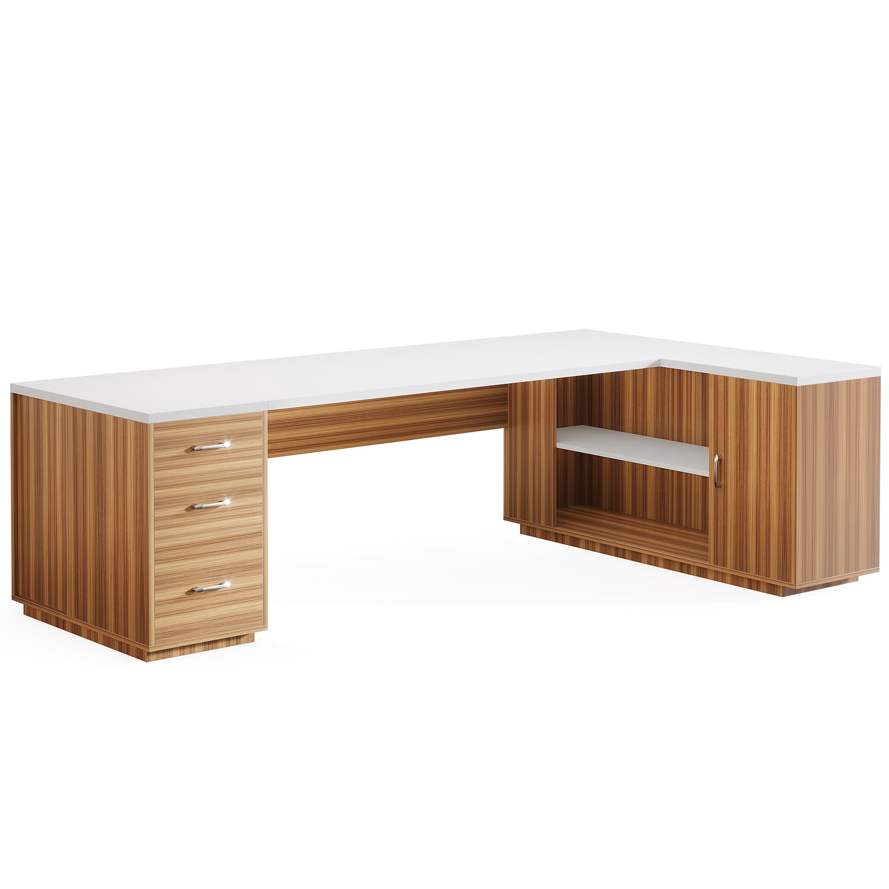 Fnova 85" L-Shaped Executive Desk with Storage Drawers, Modern Office Desk with Adjustable Shelves & File Cabinet, Extra Long Corner Computer Desk for Home Office