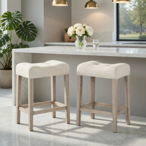 Resenkos 2-Piece Upholstered Counter Height Bar Stool, Curved Saddle Seat Bar Chair with Rubber Wood Frame for Kitchen Island, Light Gray