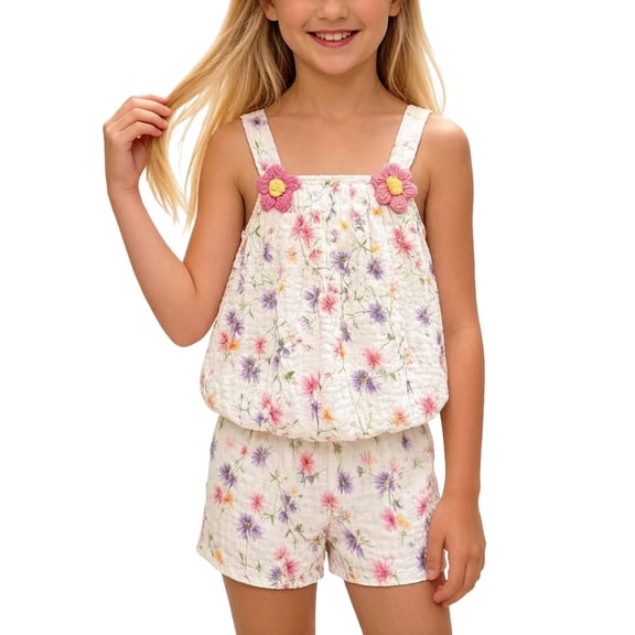 Amidoa Girls 2 Piece Outfits Summer Clothes Sleeveless Floral Print Cute Tank Top T-Shirt and Casual Shorts Kids Clothing Sets Multicolor Size 4T
