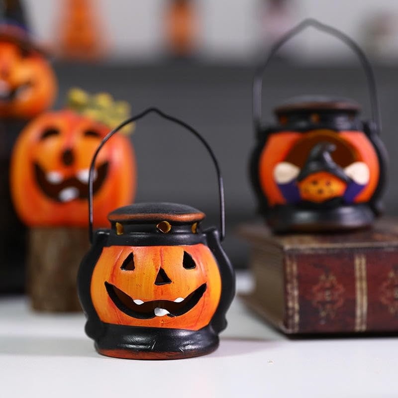 Set of 4 Light Up Ceramic Pumpkin Skull Figurines for Halloween Table Decor