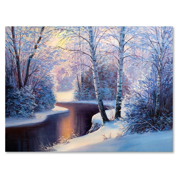 Designart ' Christmas Forest With Trees and River I ' Traditional Canvas Wall Art Print