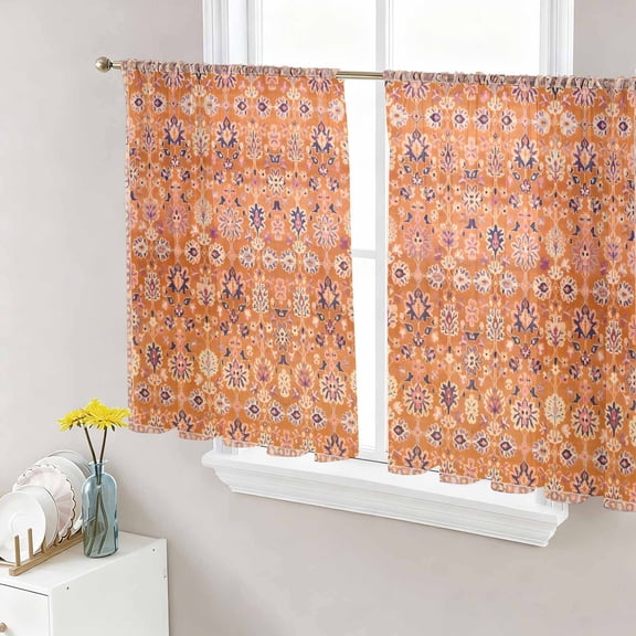 Boho Orange Semi Sheer Curtains 54 Inch Length 2 Panels Set, Country Style Bohemian Floral Retro Tribal Sheer Kitchen Curtain Privacy Voile Window Curtain for Living Room Bedroom Rod Pocket Drapes
