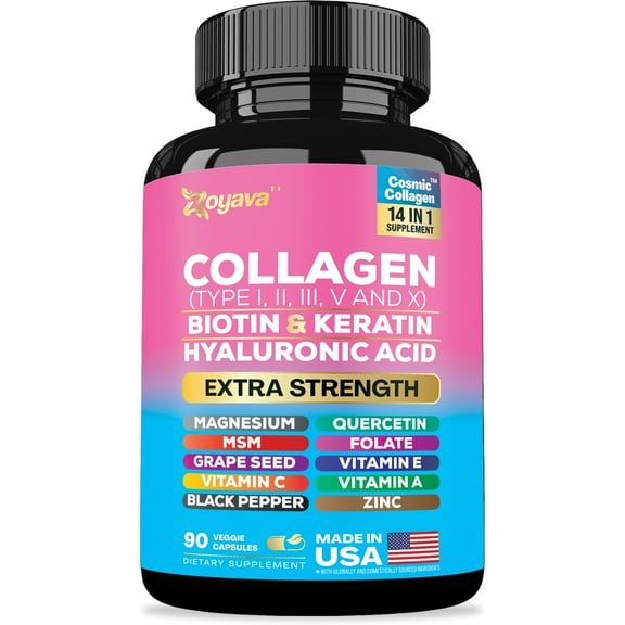 Collagen For Women Men Capsules Peptides Type I II III V X 64,000 MCG Biotin Keratin Hyaluronic Acid MSM Vitamin A Vitamin C Vitamin E Folic Acid Zinc Magnesium with Grape Seed Extract, Quercetin