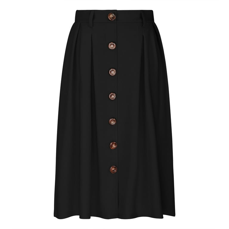 Pleated A-line Midi Skirt Elastic Waist Button Front Casual Flared