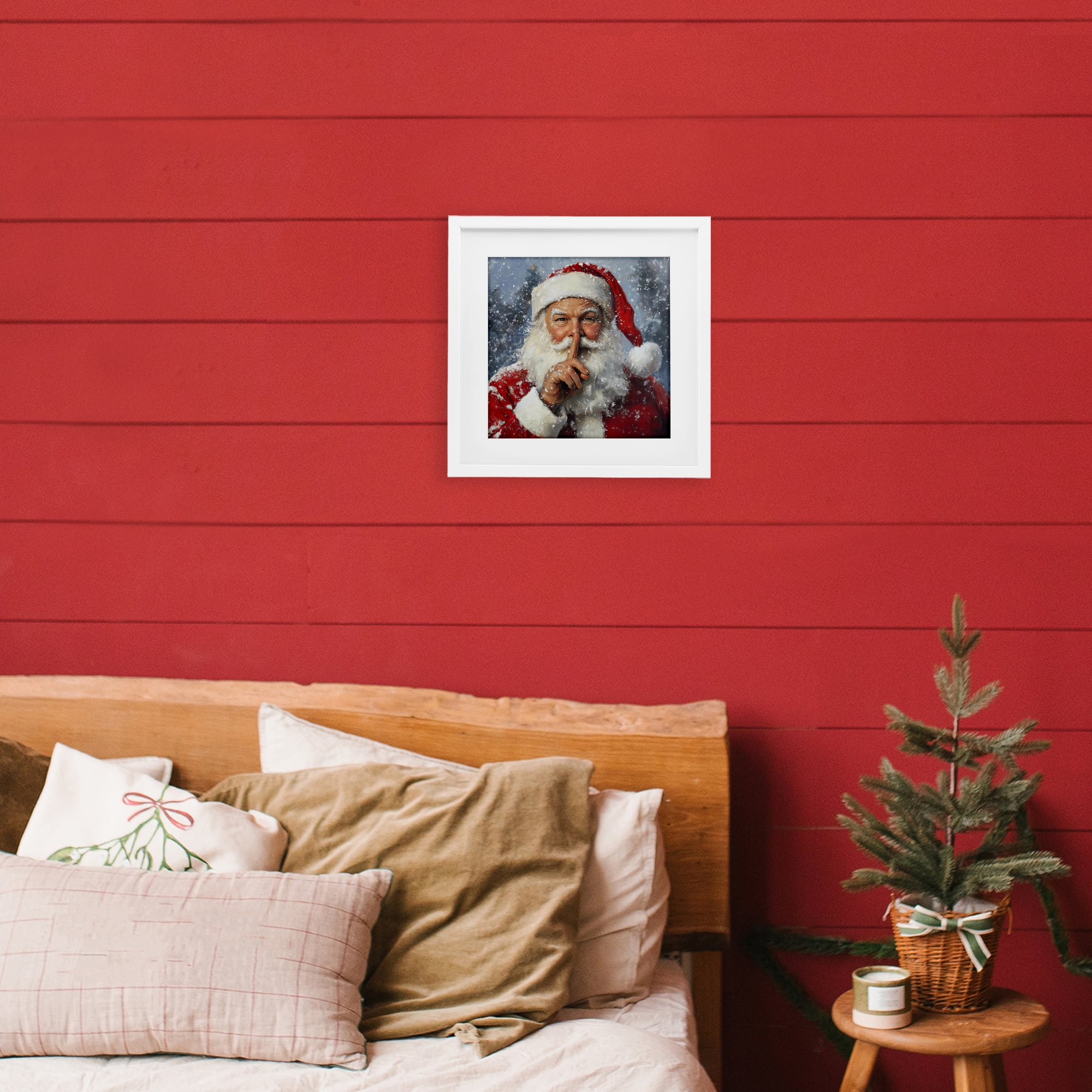 Secret Santa Shh White Framed Print Under Glass, design by Petal Prints Design