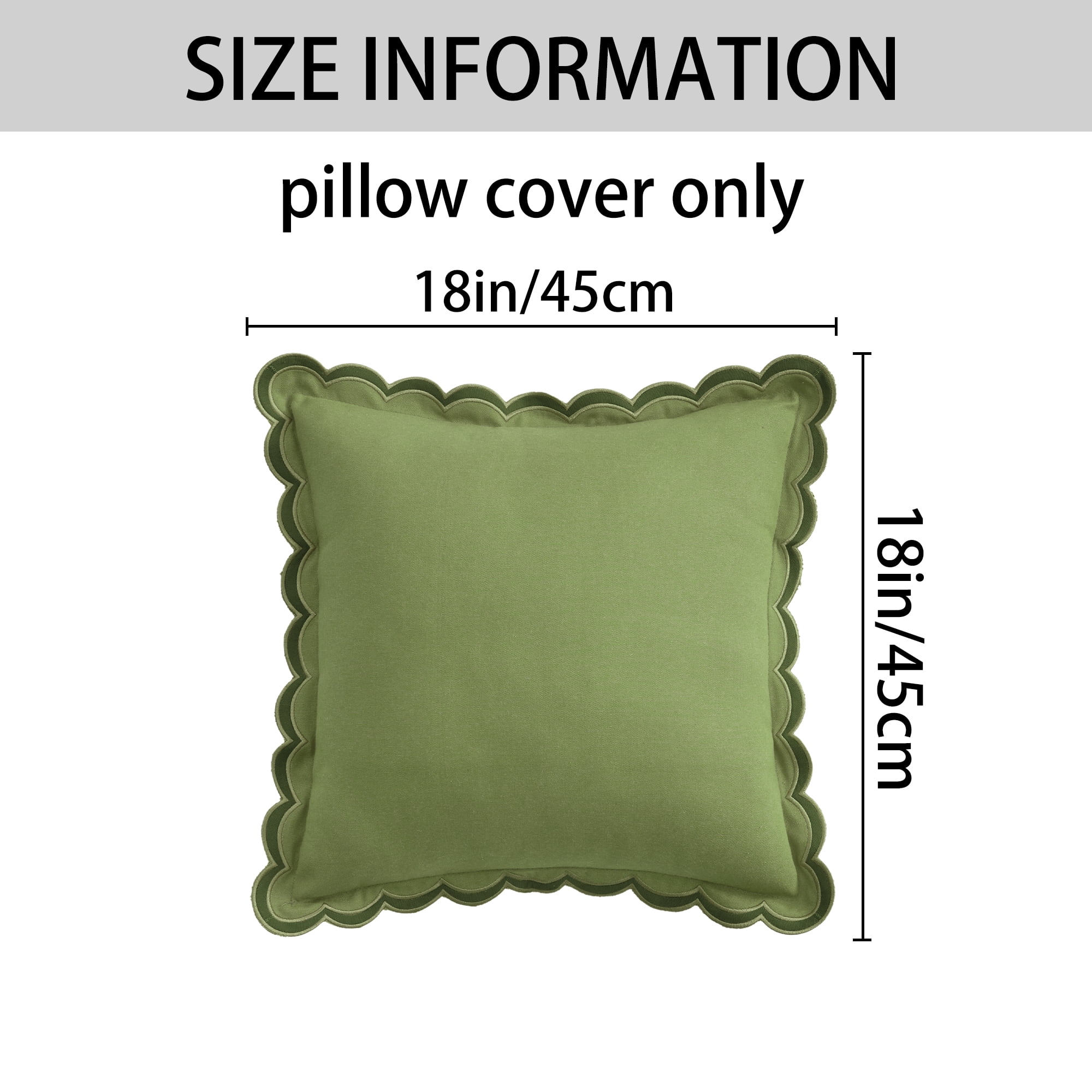 REGALWOVEN Cotton Throw Pillow Covers Cushion Cases, Scalloped Wavy Edge Designs, Match for Home Decor, Pack of 1 Green 18" x 18"