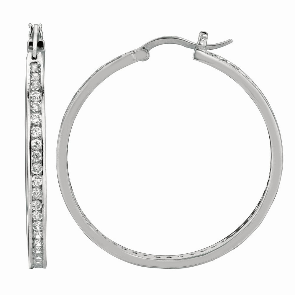 JewelStop Sterling Silver Rhodium Finish Round CZ Hoop Earrings