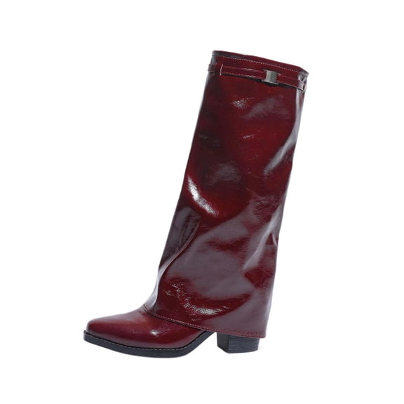 Boots for Women,Stylish Pointed Toe Mid Calf Dress Boots With Decorative Buckle Strap And Comfortable Heel For Women Fall Winter Fashion Casual Wear,Knee High Boots Women,Wine,9.5