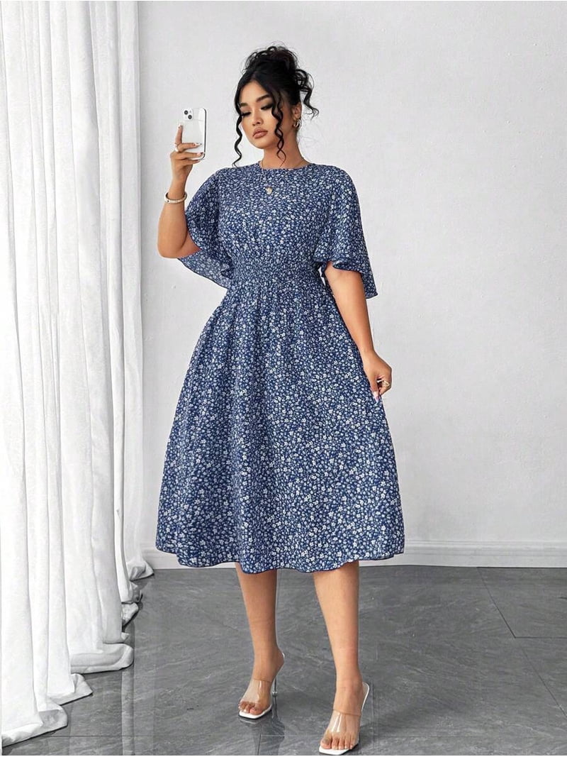 ditsy floral a line dress Plus Size Women Round Neck Ruffle Sleeve Waist A-Line Midi Dress, Elegant Outdoor Wear v-back