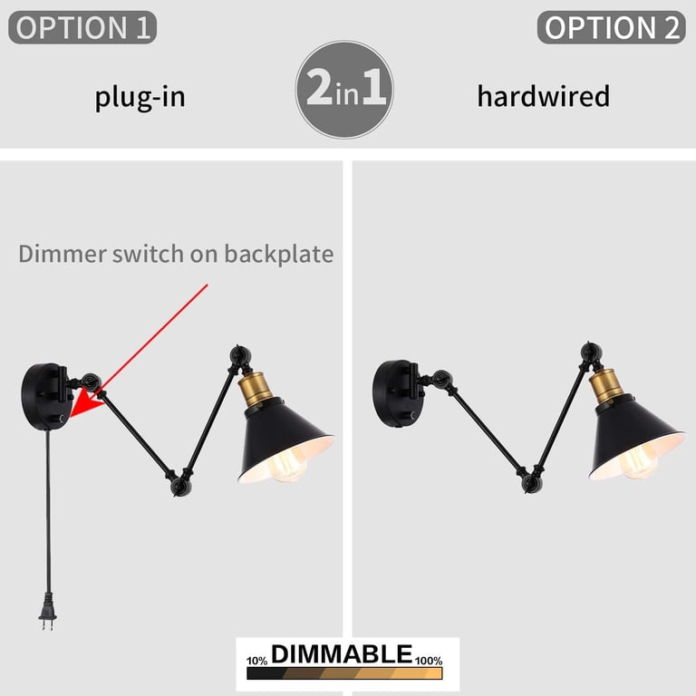Set Of 2 Black Swing Arm Wall Lamps - Plug-in, Dimmable, Industrial Reading Sconces For Bedroom Or Living Room