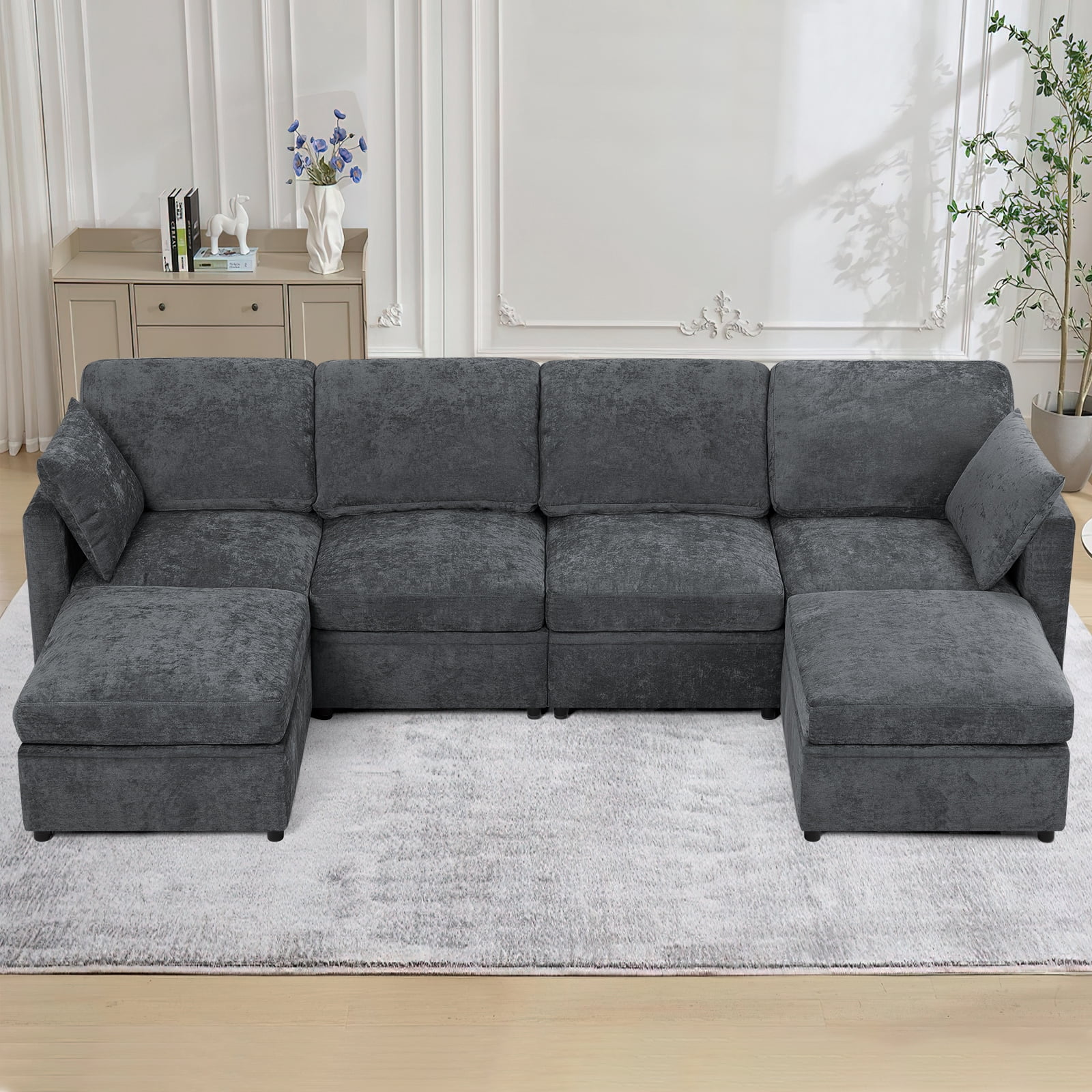 ACMEASE 110” Chenille 4 Seats Sofa W/2 Movable Ottoman, Modern Fabric U-Shaped Couch with Soft Backrest, Upholstered Sectional Sofa with Armrest Pillows for Living Room, Office, Gray