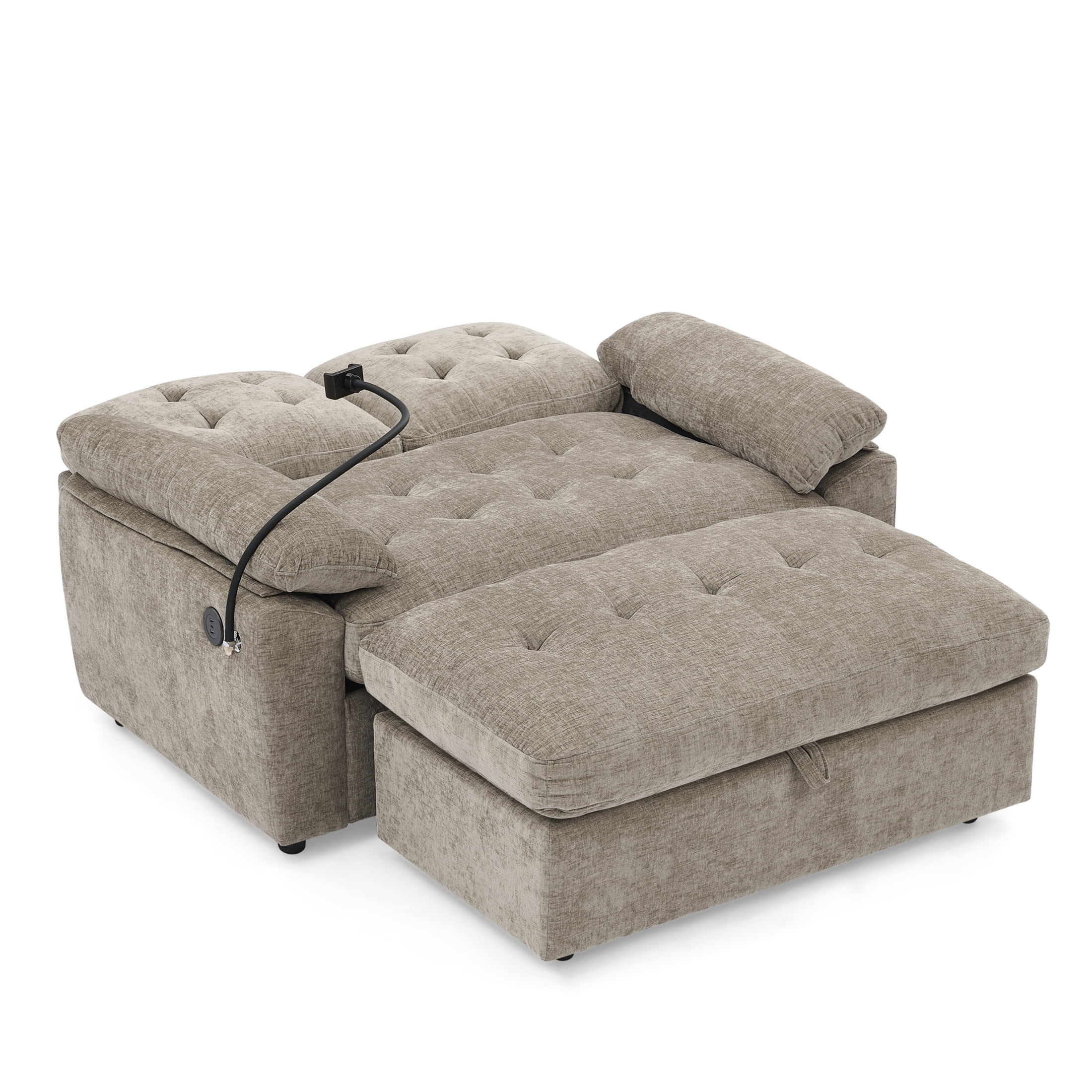Noble House Wesley Double Sofa Recliner, Adjustable Chenille Fabric Chair with Charging Port and Storage Ottoman, Brown