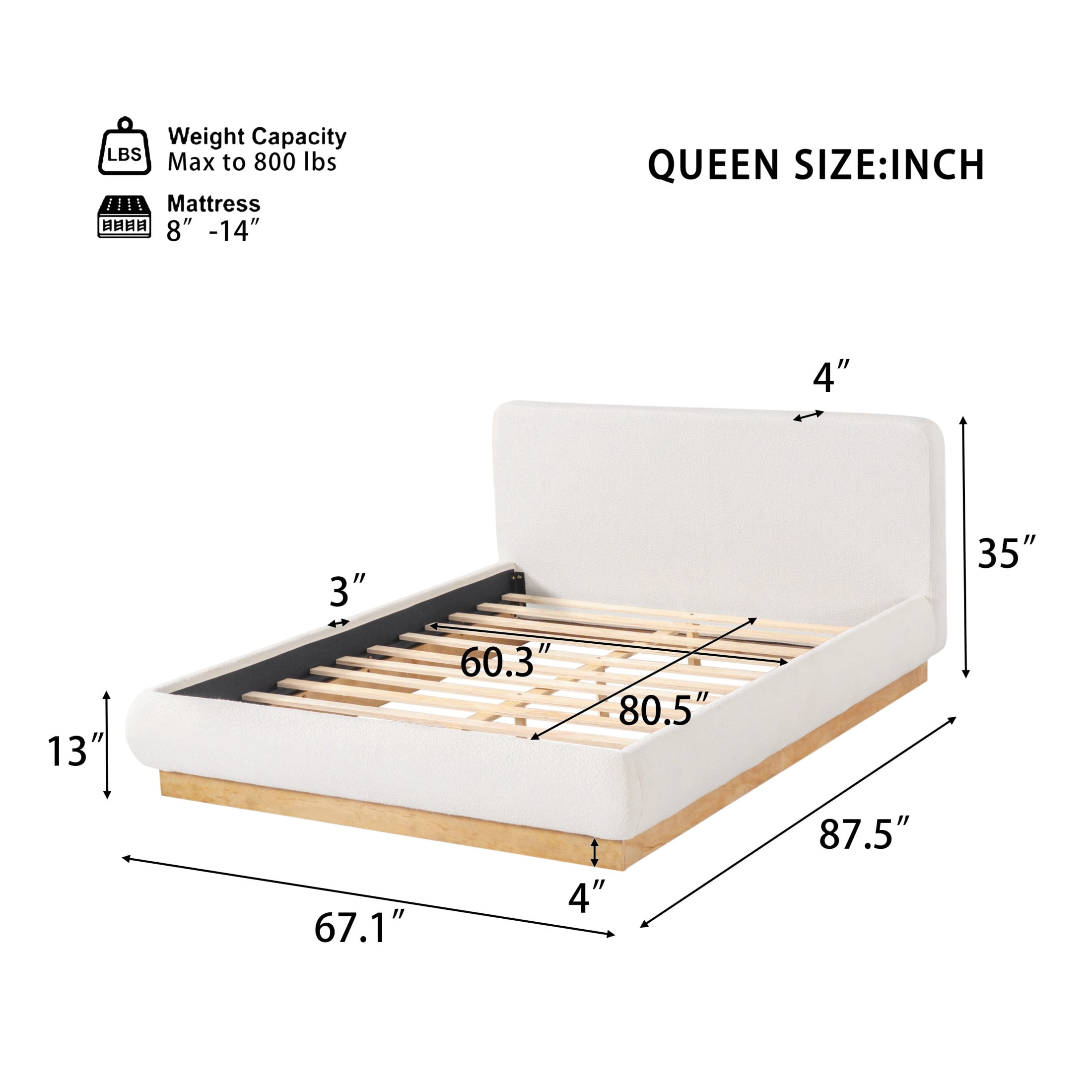 Christopher Knight Home Queen Boucle Upholstered Platform Bed Frame with Headboard, Natural+White