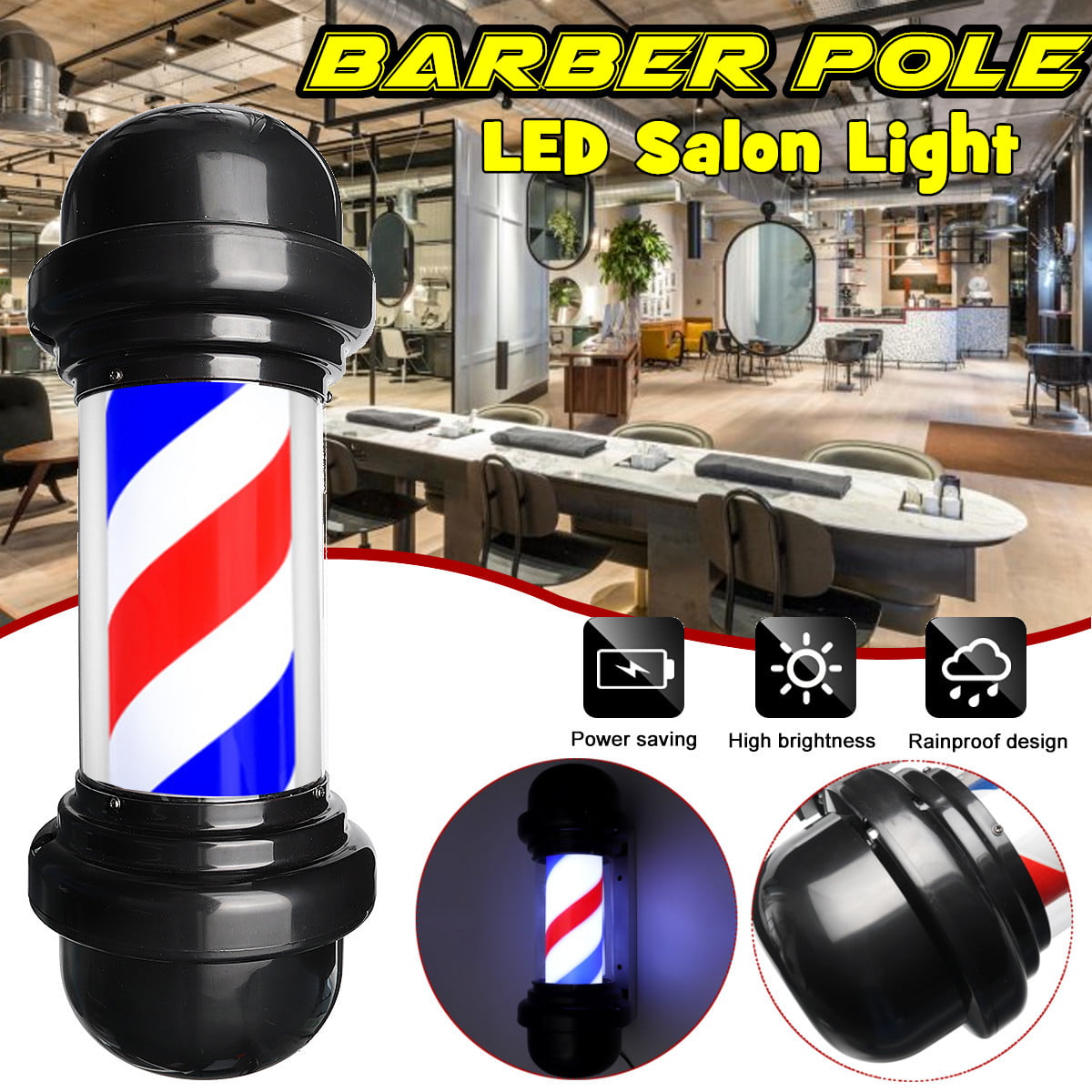 Barber Pole Outdoor Led Hair Hairdressing Salon Barber Shop Sign Rotating Illuminating Red White Blue Strips,Waterproof Save Energy 
