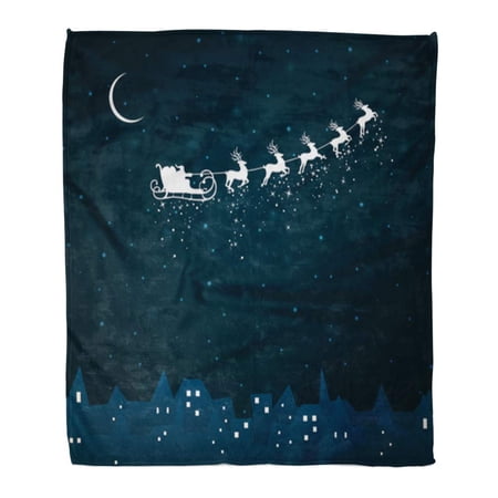 SIDONKU Throw Blanket Warm Cozy Print Flannel Sleigh of Santa Claus Coming to City Christmas Reindeer Sky Night Silhouette Comfortable Soft for Bed Sofa and Couch 50x60 Inches