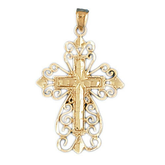14K Yellow Gold Floral Cross Pendant - 36 mm
