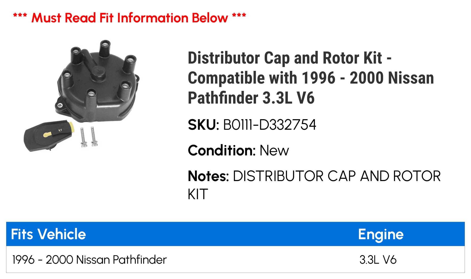 Distributor Cap and Rotor Kit - Compatible with 1996 - 2000 Nissan Pathfinder 3.3L V6 1997 1998 1999