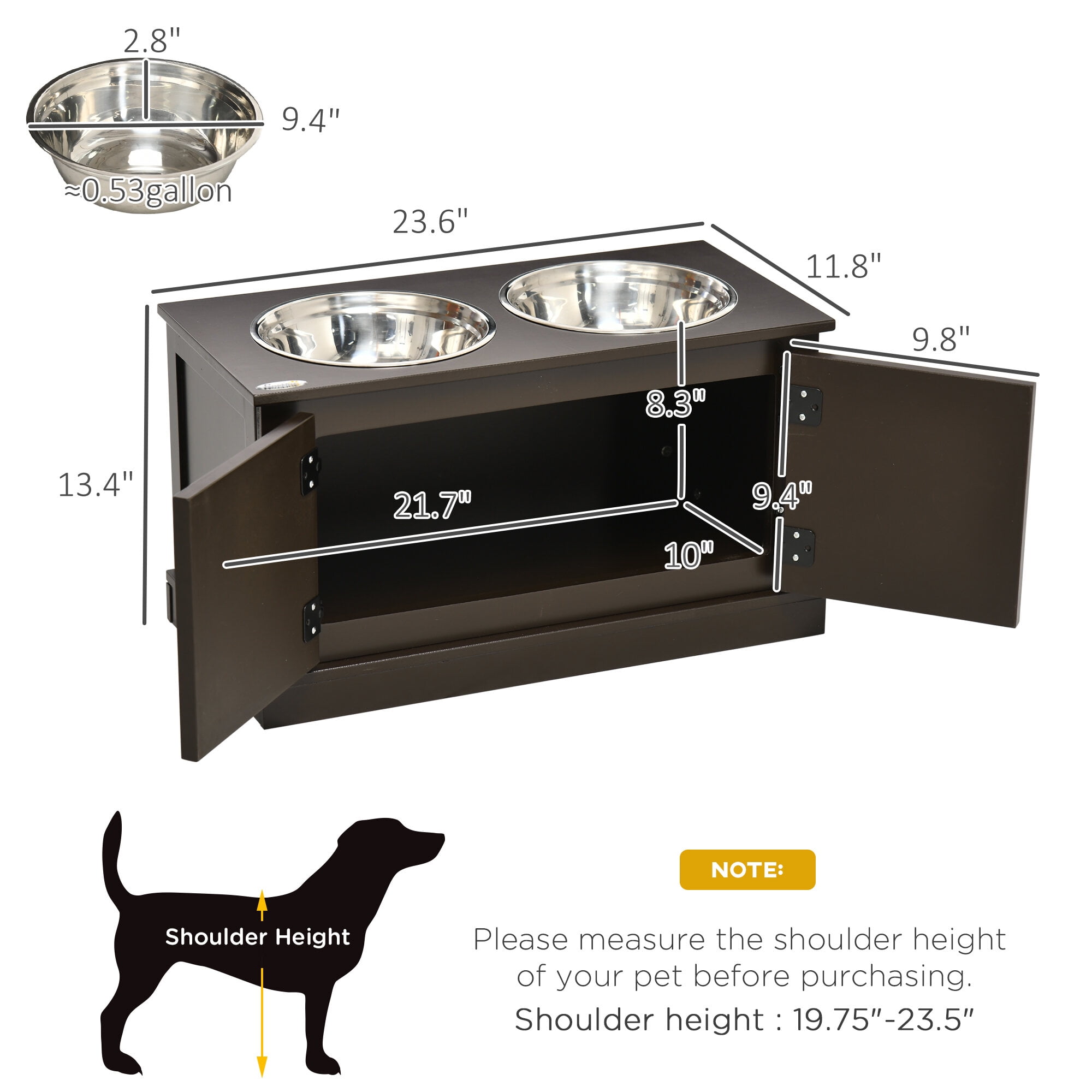 Orthopedic Dog Bed, PawHut Elevated Dog Bowls for Large Dogs, Raised Dog Bowls with Storage, Two Stainless Steel Bowls, Pet Feeder Station for Indoor Use, Coffee, Brown Dog Bed,Mdf Cat Bed