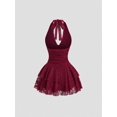 thumbnail image 4 of Burgundy Lace Halter Neck Ruched Peplum Mini Dress For Women, 4 of 7