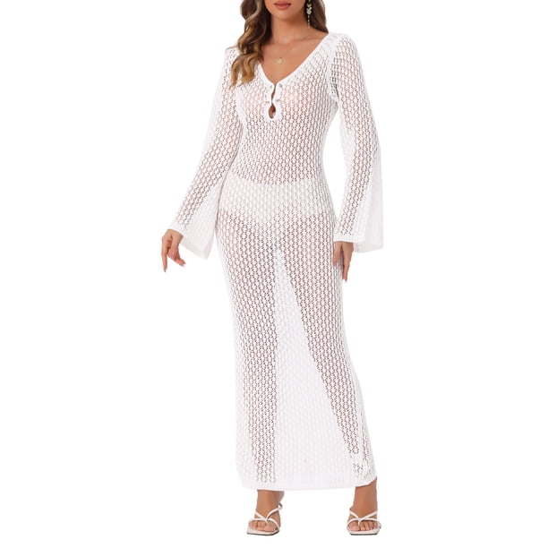 INSPIRAR CHIC Vestido de baño de ganchillo maxi de manga larga con escote en V y huecos para mujeres S Blanco