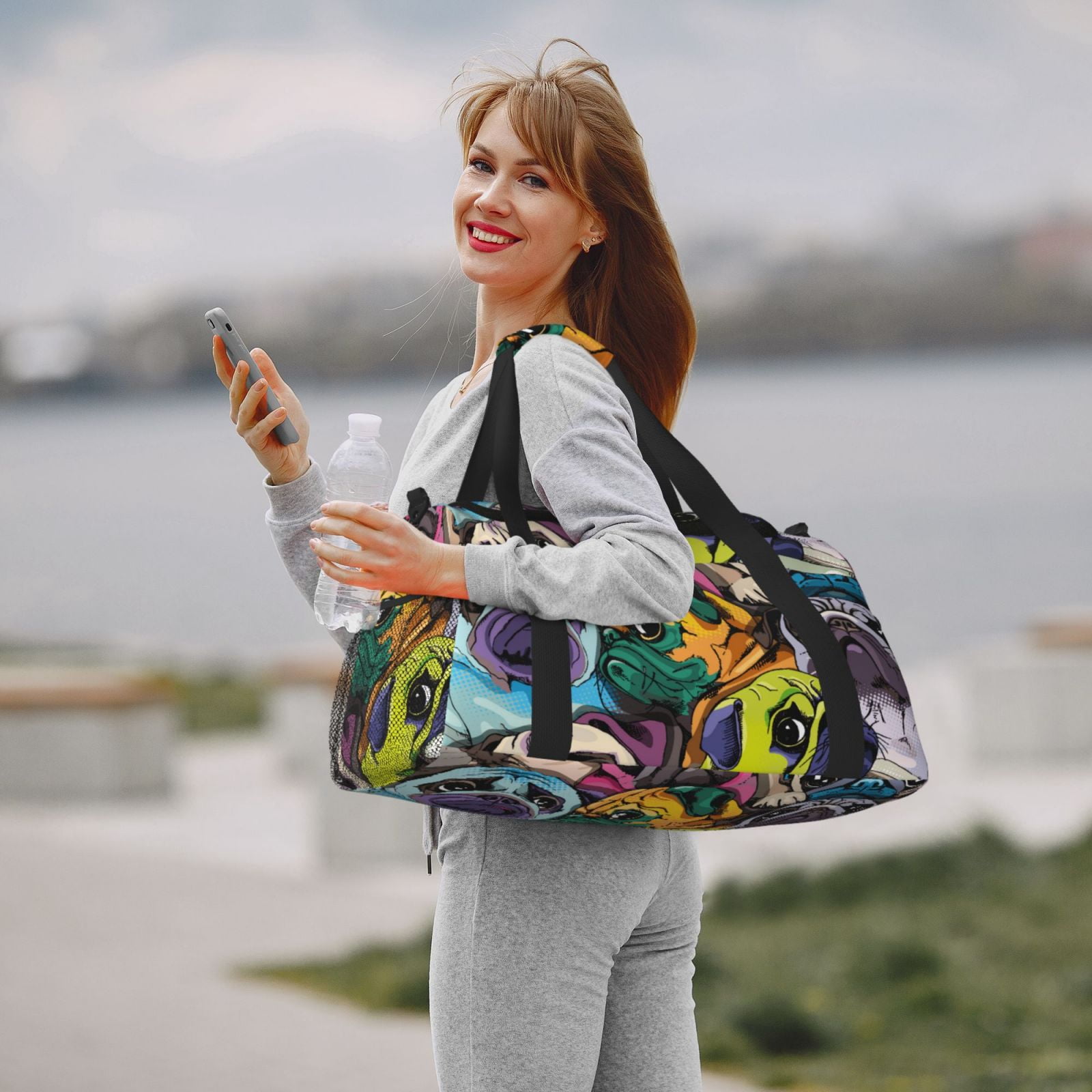 Ratiio Colorful Pug Pattern Hand Travel Bag, Weekender Carry On for Women Men, Sports Gym Bag, Workout Duffel Bag, Overnight Shoulder Bag fit 15.6 Inch Laptop