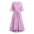 thumbnail image 4 of Lmueinov Women's 100% Polyester V Neck 3/4 Sleeve Maxi Dress, Adjustable Tie Waist Flowy A-Line Long Dress with Pockets for Beach Vacation Casual Wear S-3XL, 4 of 5