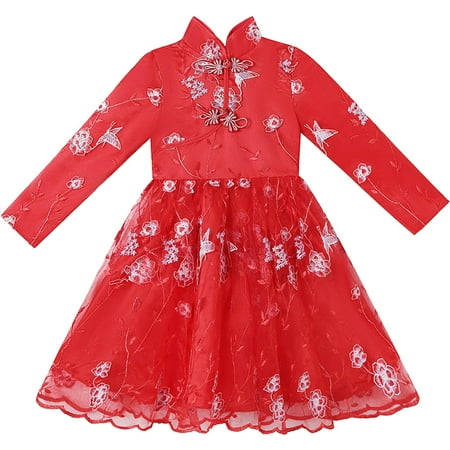 Coerni Girls Chinese Cheongsam Kids Tulle Tutu Dresses Retro Embroidery Princess Dresses Chinese Traditional Qipao