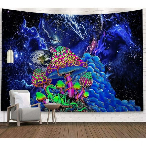Jinsinto Nebula Galaxy Wall Hanging, Psychedelic Hippie Tapestry Abstract Art Wall Tapestries, Wall Tapestry Room Decor with Planet, Mushrooms and Lightning Pattern -