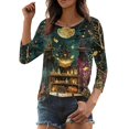 thumbnail image 4 of JoveMarine Halloween Shirts for Women, 3/4 Sleeve Crew Neck with Moon Bat Print, Loose Fit Fall Graphic Tee,Gold S, 4 of 7