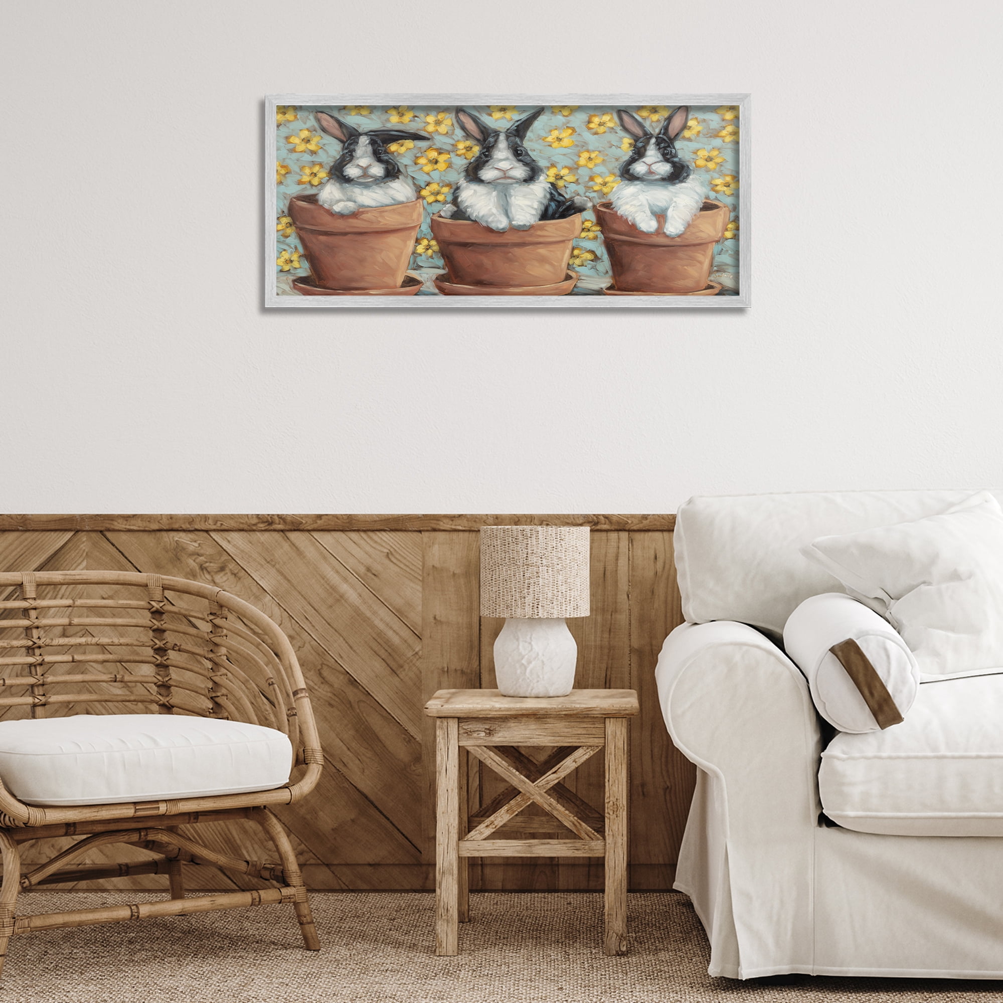 Stupell Industries Three Bunnies in Pots Animals & Insects Painting Gray Framed Art Print Wall Art, 30 x 13