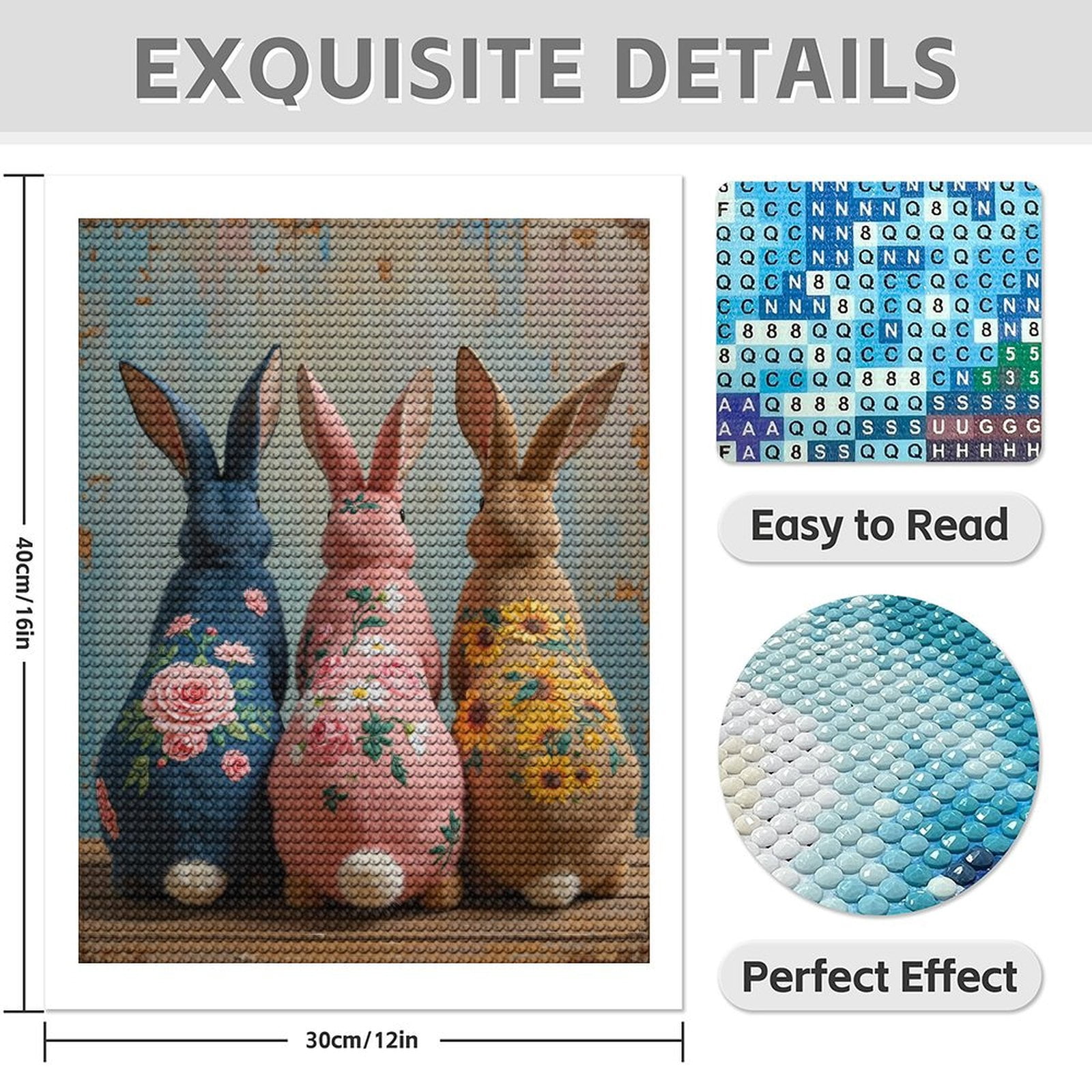 Diamond Art Kit for Adults, Floral Bunnies Art Canvas Trio Diamond Painting for Adults Beginners, 5D DIY Diamond Art Painting Kits, Colorful Diamond Painting Craft for Home Decor 12x16