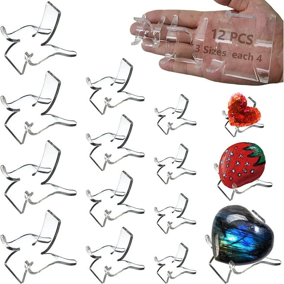 ERDS-12 PCS Rock Display Stand Mini Acrylic Easel Stands ( 3 Sizes ) Acrylic Rock Holder Rock Stands for Display Multiple Sizes Small Collectibles - Crystal Painted Rock Geodes Rock Mineral Agate Fos