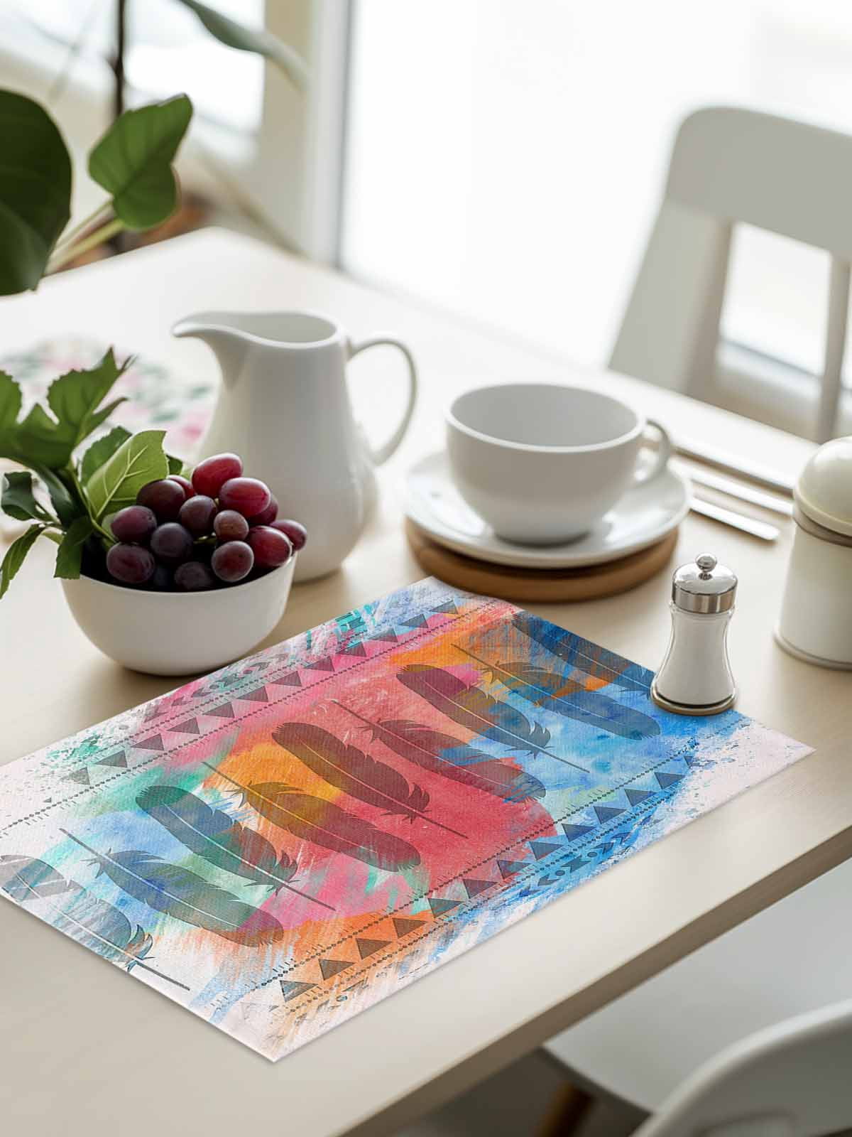 Medi-eval Feather, Placemats Set of 4, Bohemia Abstract Shabby Chic Art Placemats for Dining Table, Place Mats for Kitchen Tabletop, Waterproof Wipeable Dining Table Mats Set