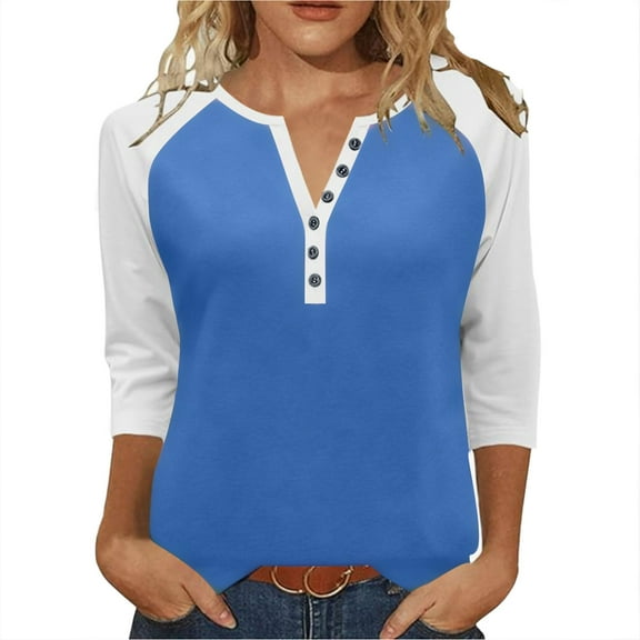 SnZhen Women's 3/4 Sleeve Tops Fashion Solid Color Button V-neck Three Quarter Sleeve Raglan T-shirt Loose Top Blue L