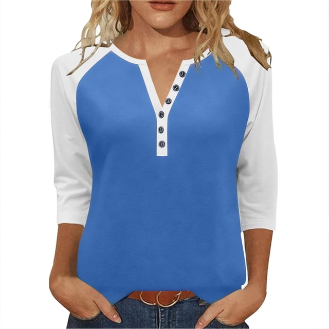 T-Shirt Léger pour Femmes, Manches 3/4, Col en V à Boutons, Blouse Raglan, Basique, Ample, Bleu L