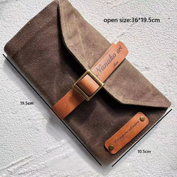 Rustic Waterproof Waxed Canvas Pen Roll Case brown Full grain leather, inside pocket, carabiner, travel accessories Replica PEG&AWL 7.7X4.1in