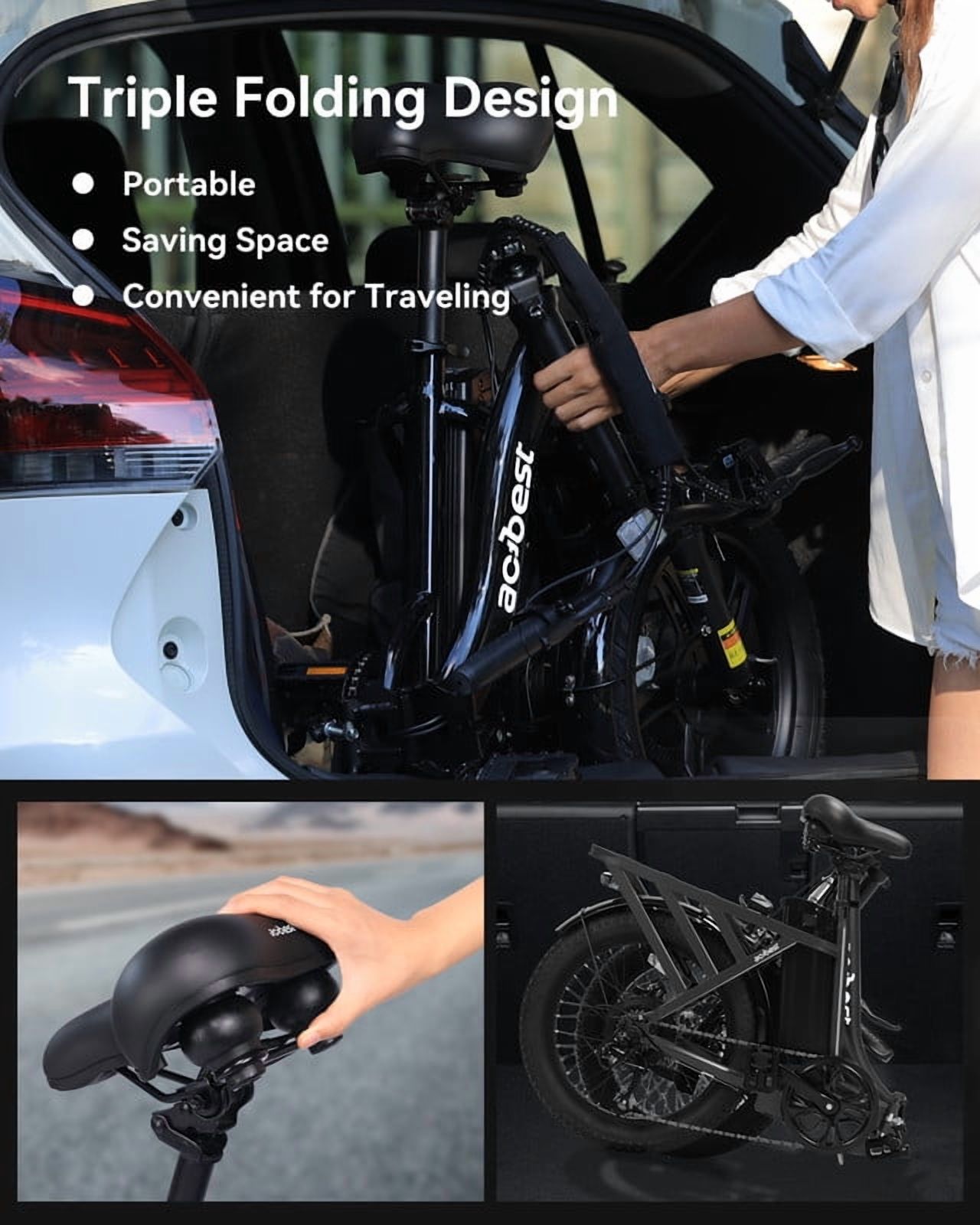 Electric Bike for Adults, 20'' Fat Tire Folding Ebike with Peak 1200W Motor, 7 Speed 28MPH, Adjustable Bike Stem,(Black) with Saddle Bag