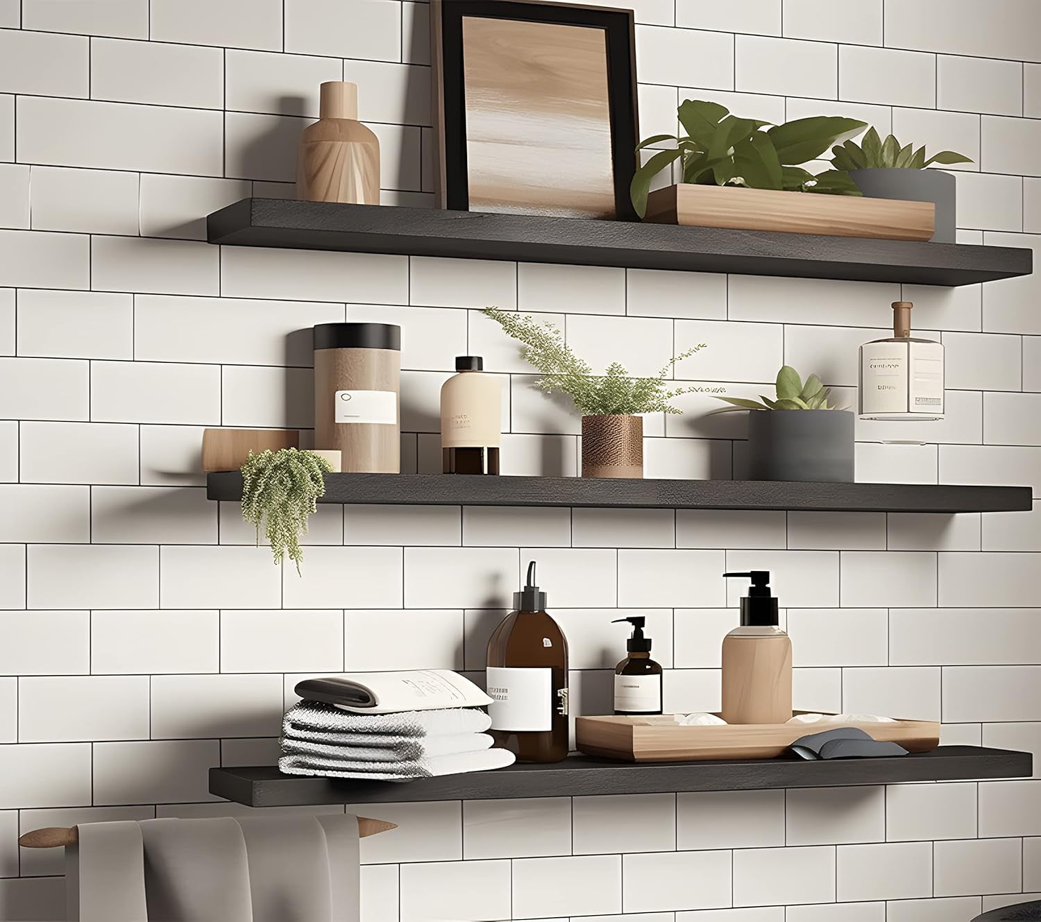 48 Inch Rustic Farmhouse Floating Shelves for Wall Decor Storage Wood Wooden Wall Shelves for Bedroom Bathroom Kitchen Living Room - Black Set of 4