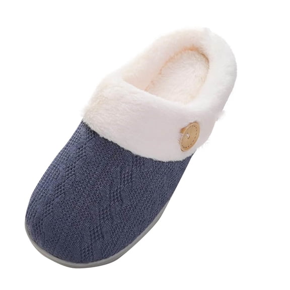 Xfvqtps Large Size Fuzzy Slippers for Womens Button Faux Fur Lined Rubber Sole Solid Color Simplicity Rubber Sole Non Slip Comfortable Bedroom Cozy Indoor Outdoor Cotton Slippers Navy